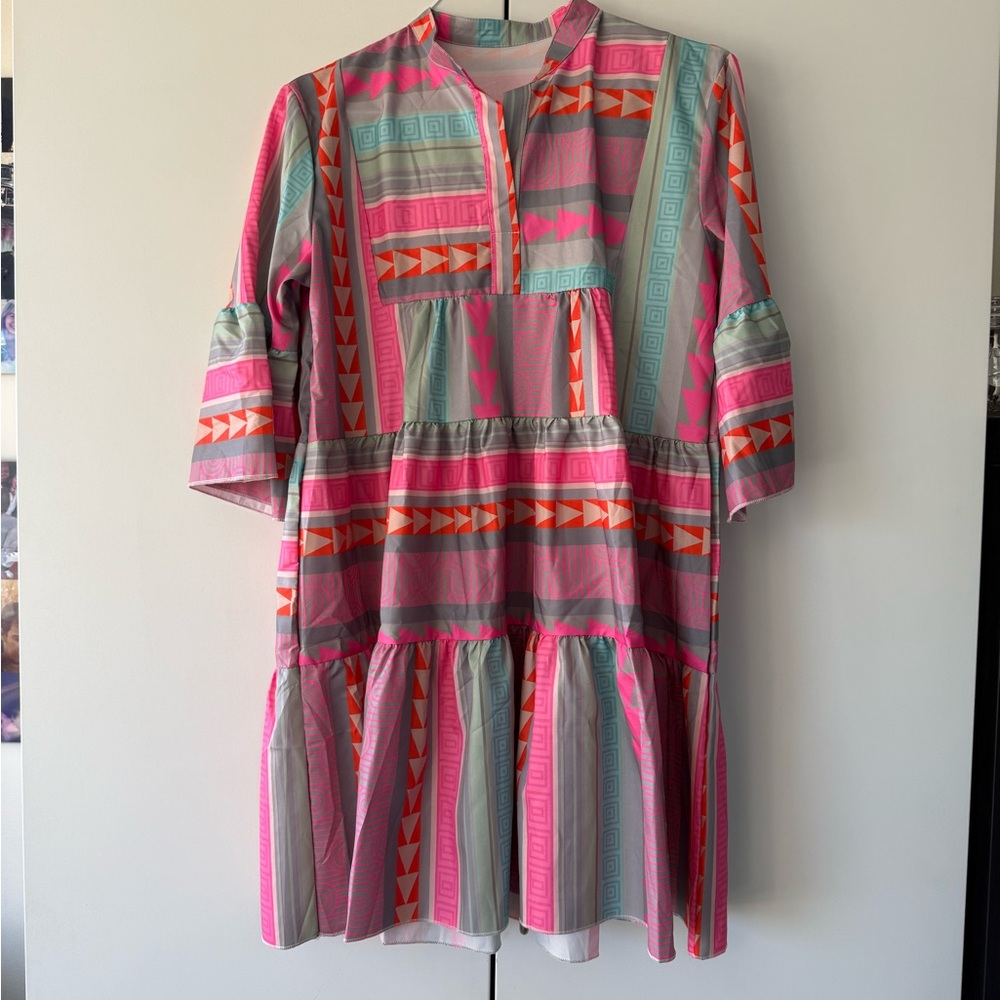 Colorful Geometric Print Tunic Dress – Fits S/M